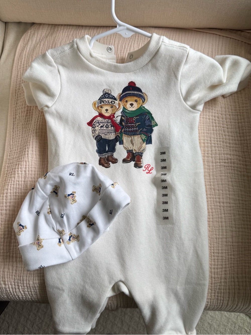 Polo by Ralph Lauren Cream Bear Embroidered One-Piece with Hat
